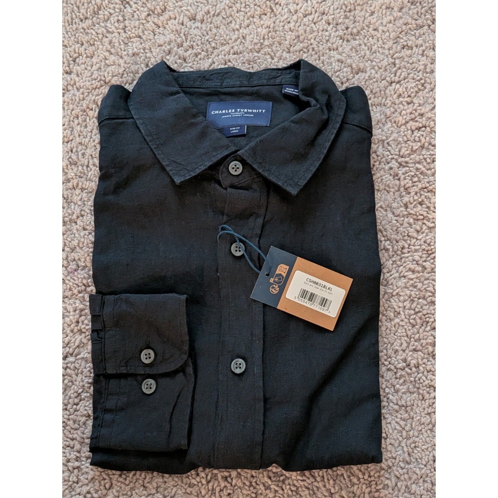 Charles Tyrwhitt Shirt Black Pure Linen Slim Fit Large Button Up NWT Preppy